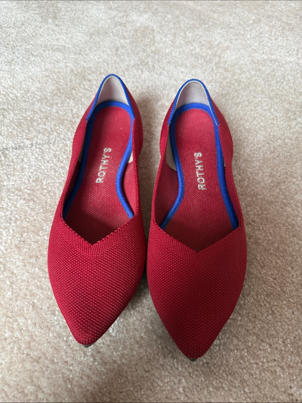 Rothy's Red Pointed Knit Flats with Blue Trim